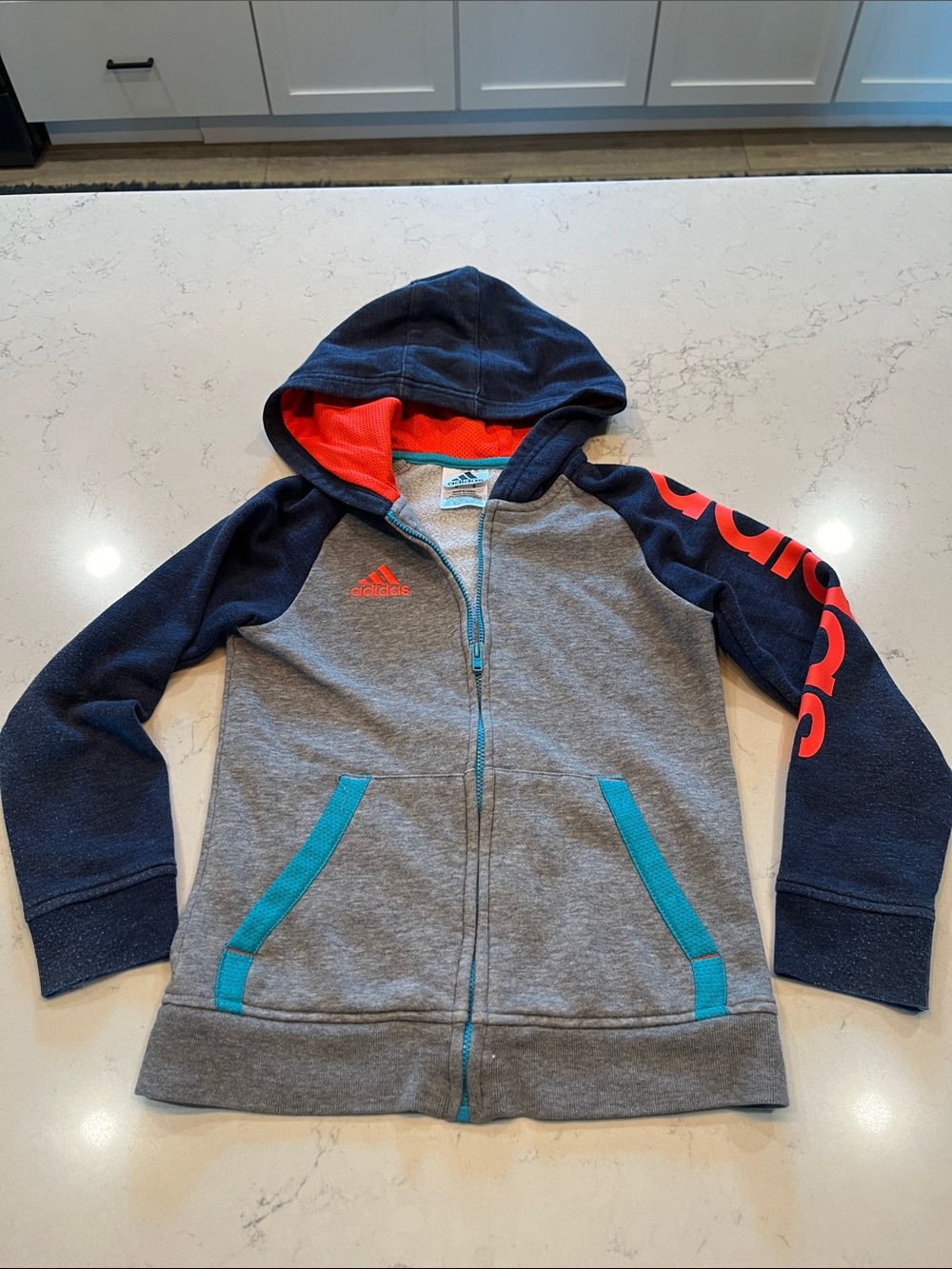 adidas Kids Grey, Navy & Coral Hooded Zip-Up Sweatshirt